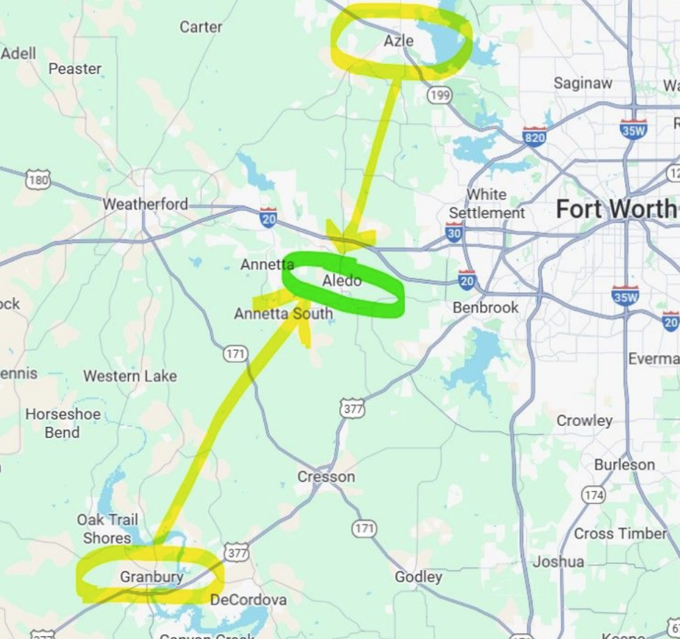 A photo showing the location of Aledo to highlight a new service center where TCEC crews will be dispatched from.  The cities of Granbury and Azle are circled to demonstrate where Aledo is located in comparison to the two cities.