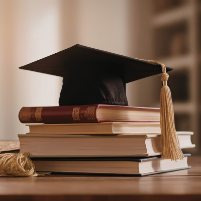 Photo of a graduation cap sitting on a stack of books